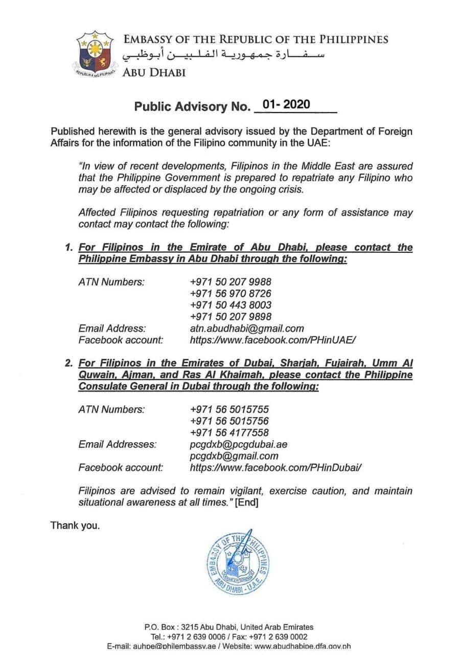 Public Advisory Phil embassy UAE Middle East